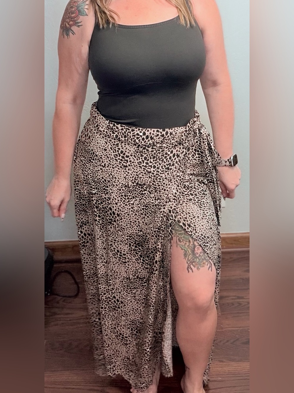 Leopard Print Faux Wrap Maxi Skirt Size Medium Tie Waist